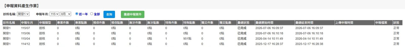 健保申報資料產生作業:逐月彙總、產檔與狀態追蹤
